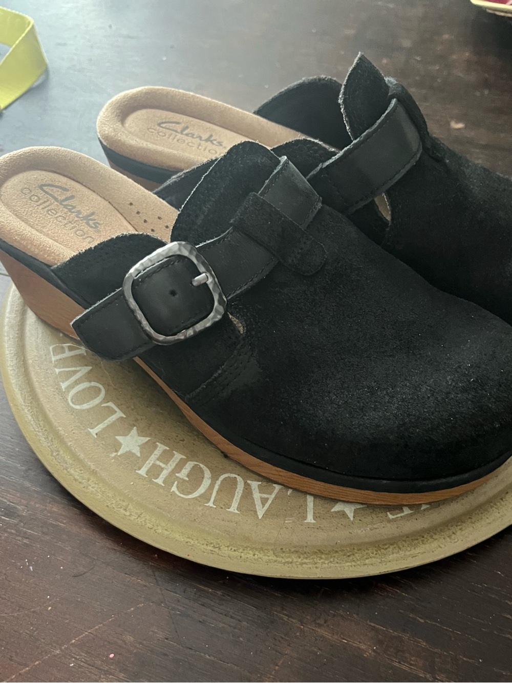 Clarks Black Suede Slip-On Clogs 7.5